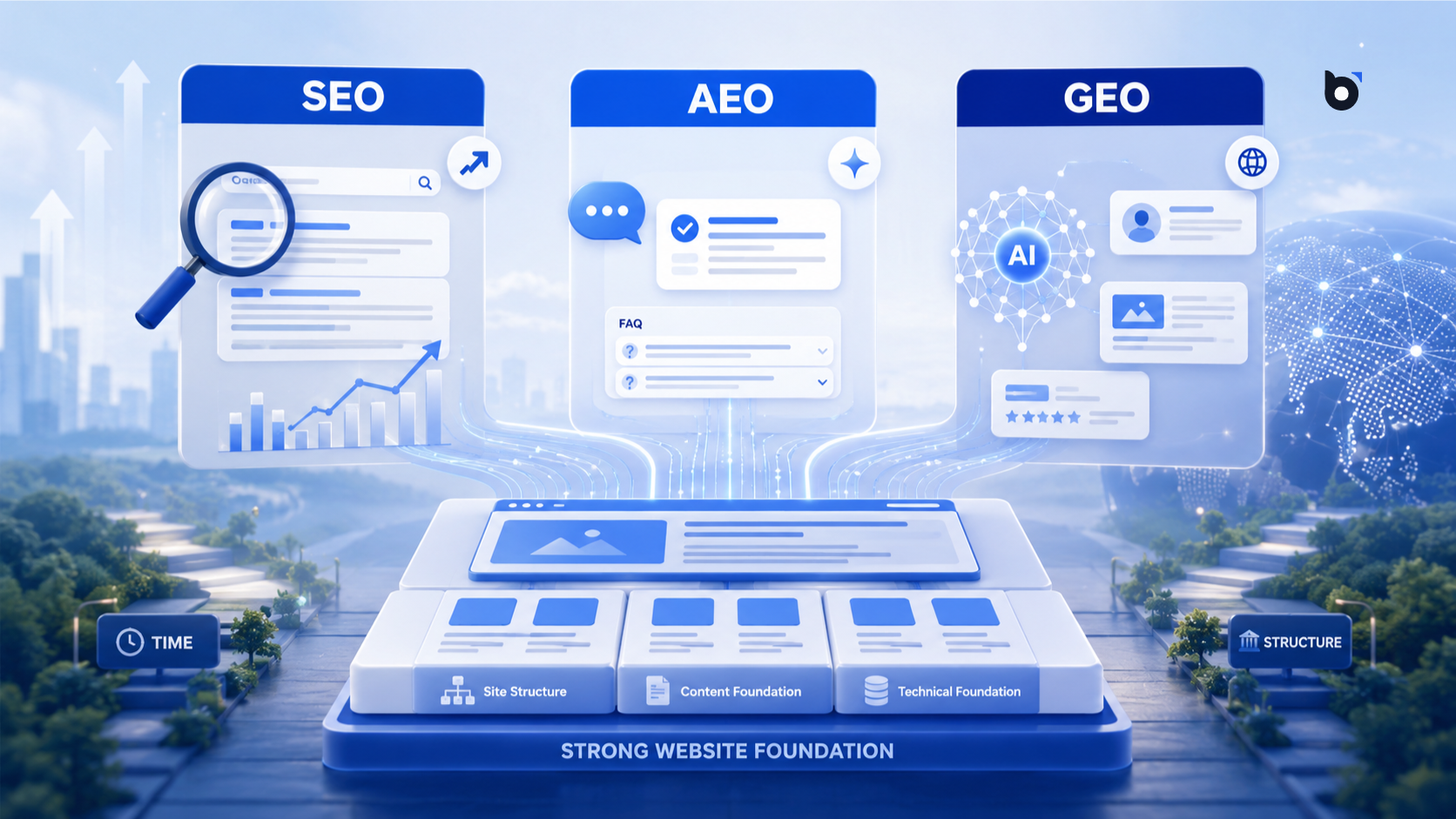 SEO, AEO และ GEO คืออะไร? ทำไมยุค AI ธุรกิจต้องเริ่มจากเว็บไซต์ที่มีโครงสร้างดี